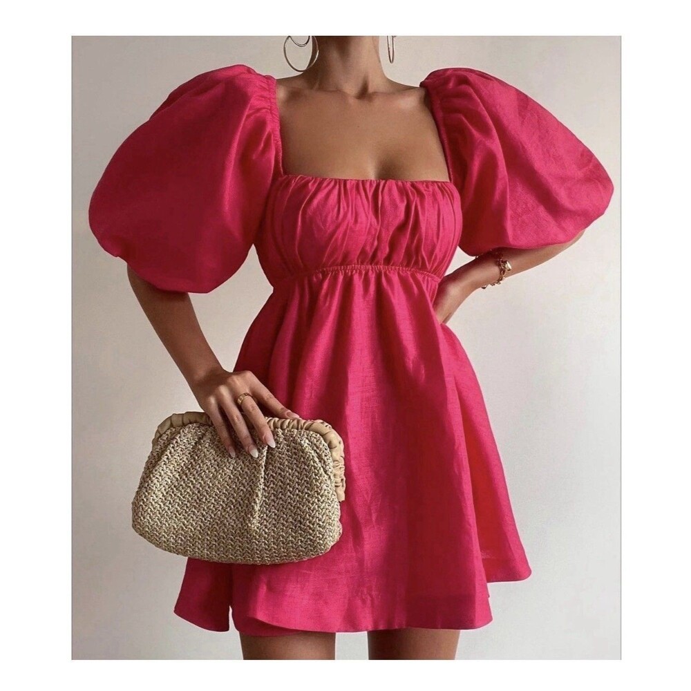 Amalie The Label Hamyya Pink 100% Linen Tie Back Puff Sleeve Mini Dress Size 4